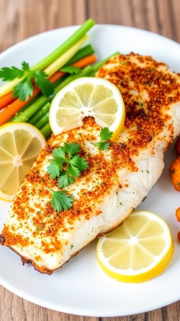 Crispy Air Fryer Lemon Herb Fish Recipe Crispy air fryer fish fillet with lemon and herbs, garnished with parsley and lemon wedges on a white plate.